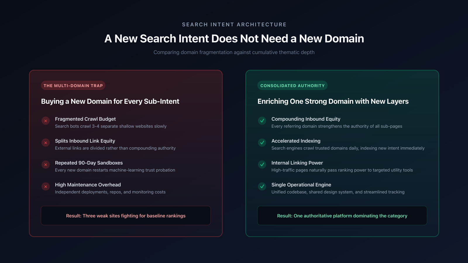 Infographic comparing domain fragmentation across multiple sites versus consolidated thematic depth on a single domain