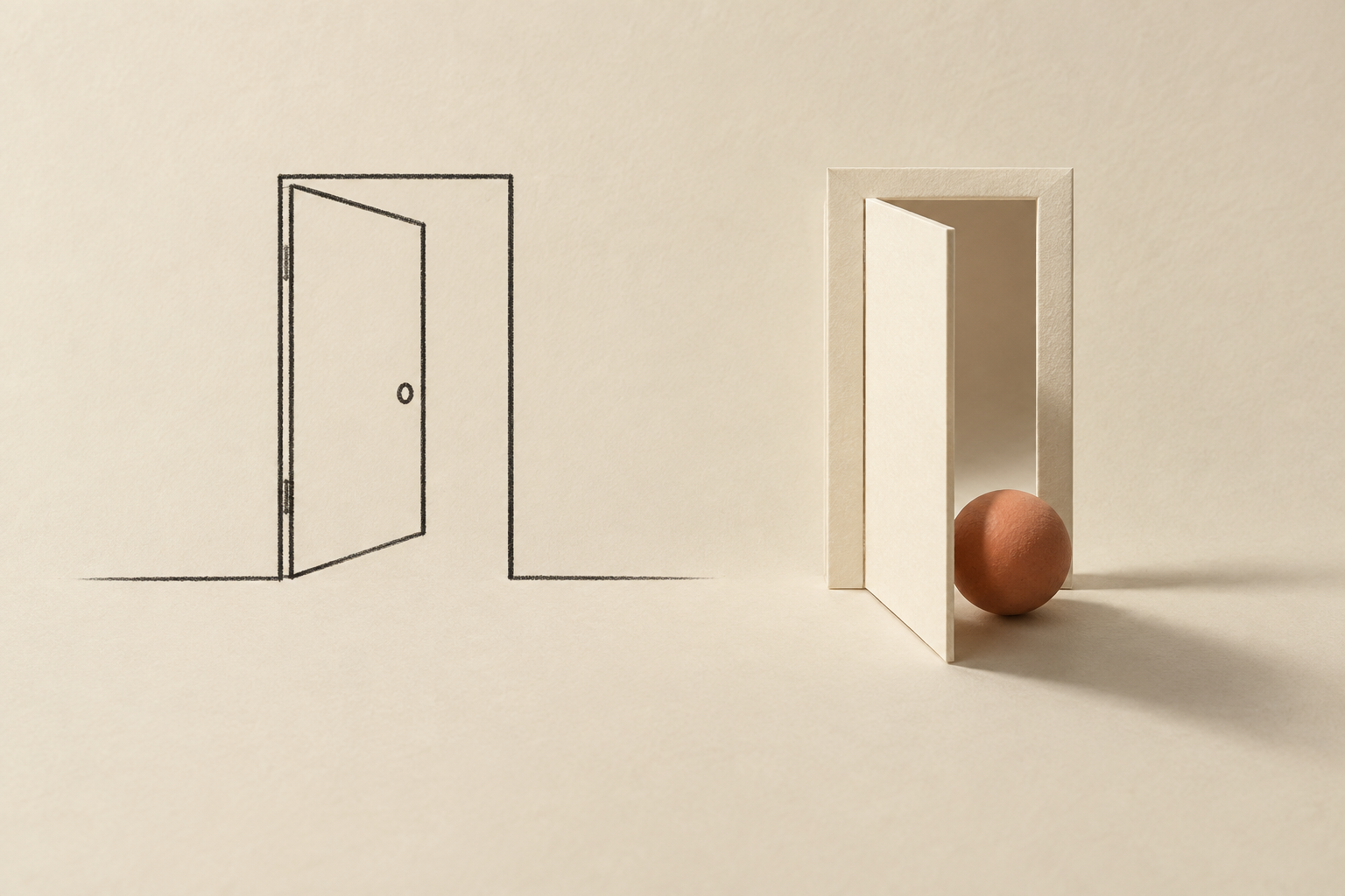 A drawn doorway beside an open paper doorway with a terracotta sphere at its threshold.