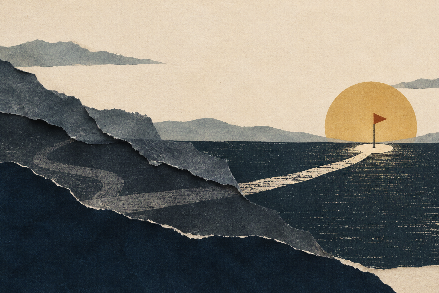 Layered dark paper landscape with a pale path leading to a small flag in a circle of ochre light
