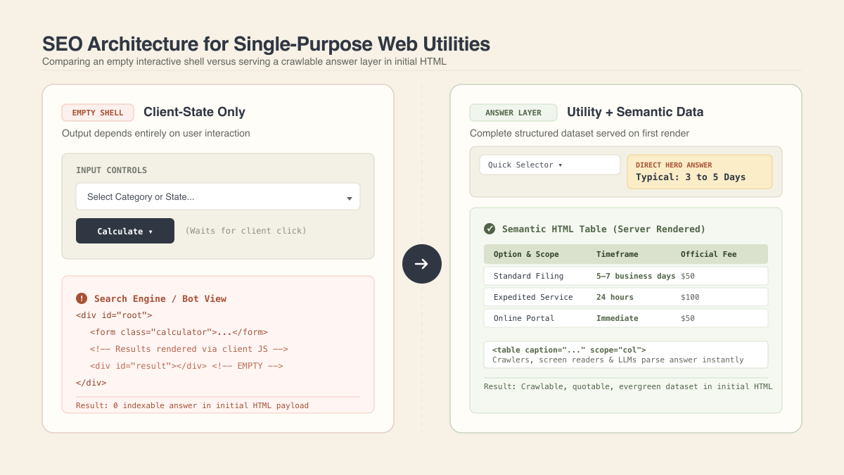 Architecture diagram comparing an empty interactive shell versus serving a crawlable semantic answer layer in initial HTML