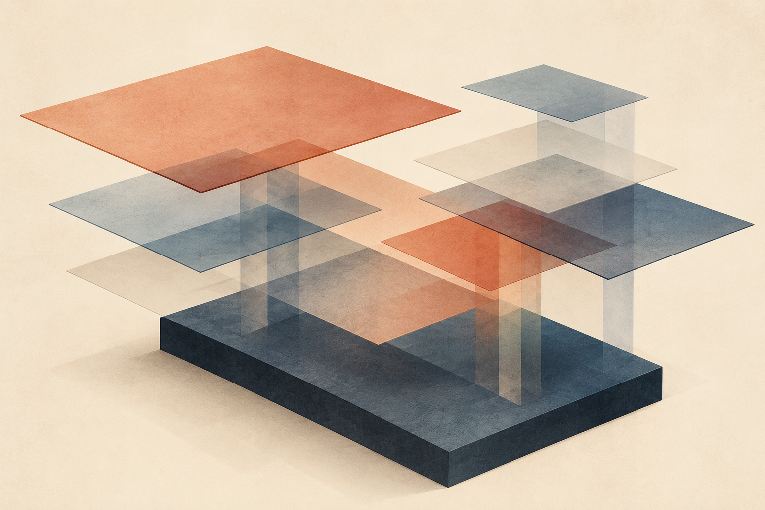 Translucent rectangular layers connected to a single shared solid base.